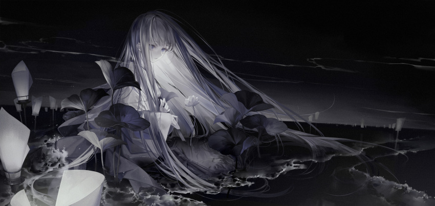 1girl black_hair black_theme commentary_request dark grey_eyes grey_hair highres long_hair multicolored_hair parted_lips plant solo straight_hair two-tone_hair very_long_hair water wide_sleeves yoggi_(stretchmen)