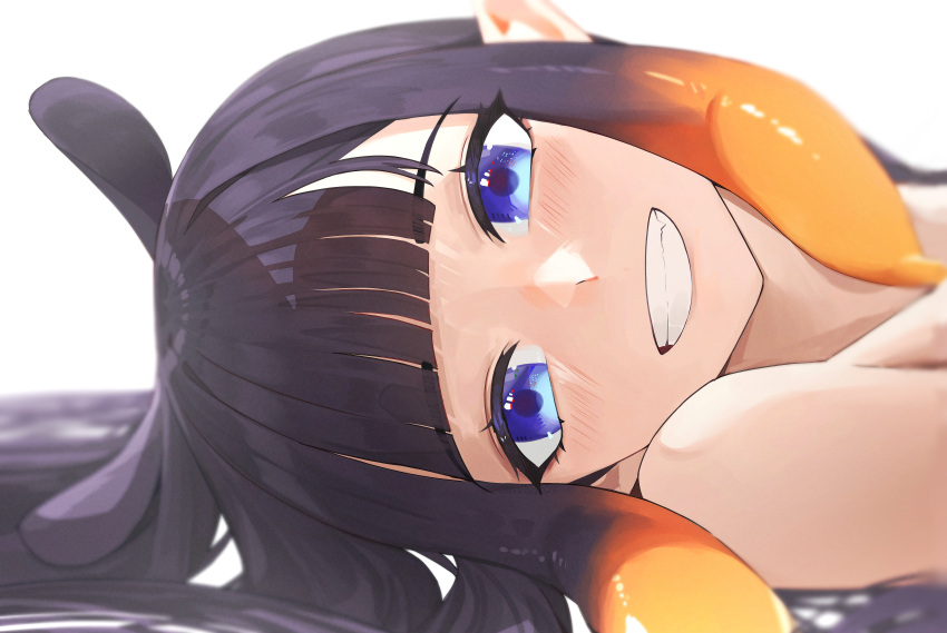1girl absurdres animal_ears bangs black_hair blue_eyes blunt_bangs blurry blurry_background blush brown_hair commentary darkzmonsty depth_of_field gradient_hair grin highres hololive hololive_english long_hair looking_at_viewer looking_to_the_side lying multicolored_hair ninomae_ina'nis on_back pointy_ears simple_background smile solo teeth virtual_youtuber white_background