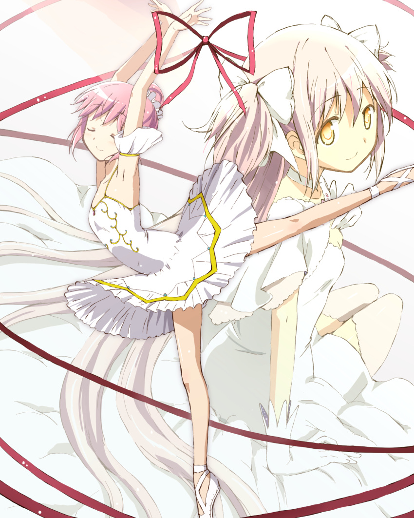 2girls armpits arms_up ballerina ballet ballet_dress ballet_slippers bangs bow choker closed_eyes closed_mouth cross-laced_footwear dancing dress dual_persona en_pointe flat_chest from_side full_body gloves goddess_madoka gold_trim hair_bow hair_bun highres kaname_madoka kinfuji long_hair looking_at_viewer mahou_shoujo_madoka_magica mahou_shoujo_madoka_magica:_concept_movie multiple_girls pink_hair pink_ribbon ribbon short_hair short_sleeves sidelocks single_hair_bun sleeveless smile spaghetti_strap standing standing_on_one_leg thigh-highs two_side_up very_long_hair white_bow white_choker white_dress white_footwear white_gloves yellow_eyes