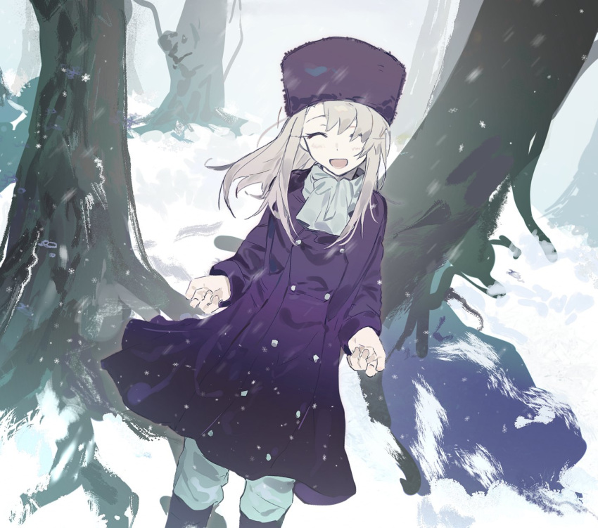 1girl ^_^ ^o^ bangs blush child closed_eyes coat coat_dress commentary fate/stay_night fate/zero fate_(series) feet_out_of_frame heaven's_feel highres illyasviel_von_einzbern laver_(1090792977) long_hair looking_at_viewer open_mouth pants purple_coat purple_footwear purple_headwear scarf smile snow snowing solo tree white_hair white_pants