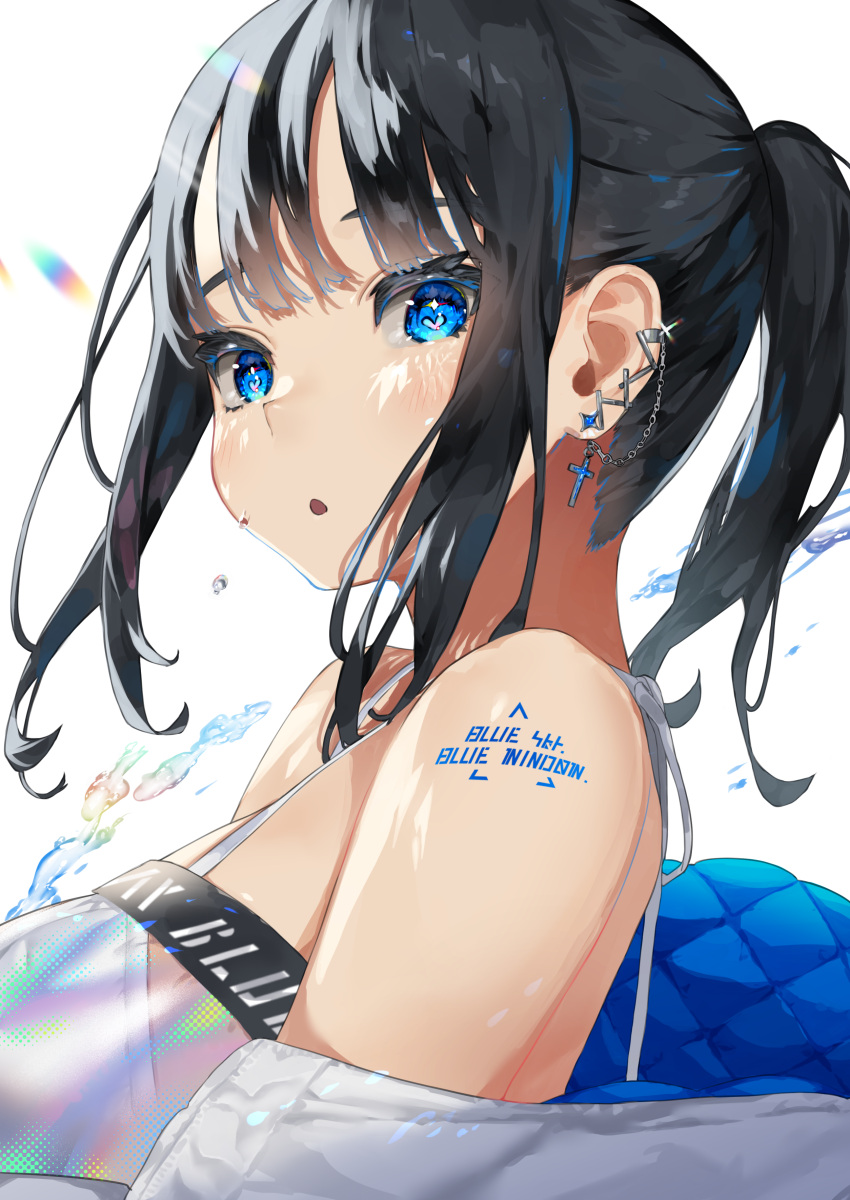 1girl absurdres bangs bare_shoulders black_hair blue_eyes cross cross_earrings ear_piercing earrings heart heart-shaped_pupils highres iridescent jewelry long_hair looking_at_viewer mashiro_kta original parted_lips piercing ponytail simple_background solo symbol-shaped_pupils upper_body white_background