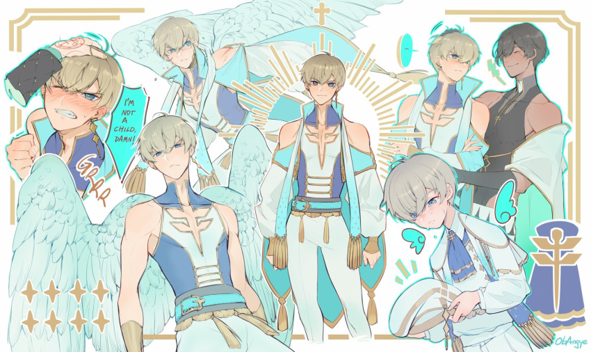 ... 2boys angel angel_wings angye_fdez artist_name ascot belt beret bishounen black_gloves black_hair blonde_hair blood blue_ascot blue_belt blue_eyes blue_wings blush bracer child clenched_hand clenched_teeth closed_eyes closed_mouth collage collared_shirt cross crying cuts detached_sleeves detached_wings ear_piercing earrings elbow_gloves embarrassed english_text facing_another feathered_wings giggling gloves hair_between_eyes hand_on_another's_head hand_up hat headpat high_collar highres holding holding_clothes holding_hat injury jewelry light_smile long_sleeves looking_at_another looking_at_object looking_at_viewer lowleg lowleg_pants luke_(obey_me!) male_focus mini_wings multiple_boys multiple_views obey_me!:_one_master_to_rule_them_all! older pants piercing plunging_neckline puffy_long_sleeves puffy_sleeves shawl shirt short_hair shorts simeon_(obey_me!) sleeve_cuffs sleeveless sleeves_past_wrists smile speech_bubble spoken_ellipsis standing stole tassel tears teeth tight tight_shirt two-sided_fabric very_short_hair white_background white_headwear white_pants white_shorts wings