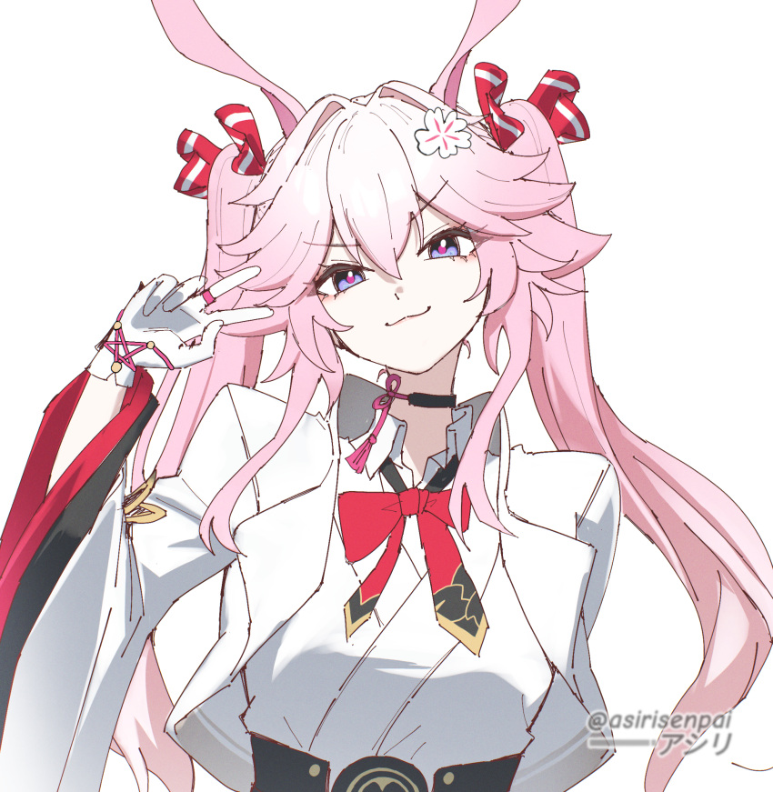>:) 1girl :3 alternate_hairstyle animal_ears artist_name asiri_senpai black_choker choker commentary evanescia_(honkai:_star_rail) gloves hand_up head_tilt highres honkai:_star_rail honkai_(series) long_hair long_sleeves pink_hair shirt simple_background solo twintails upper_body v-shaped_eyebrows very_long_hair violet_eyes w white_background white_gloves white_shirt