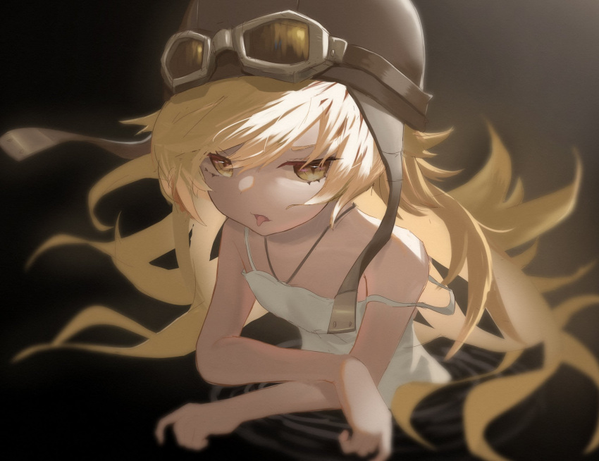 1girl 2entea bangs bare_shoulders blonde_hair blurry blurry_foreground dress goggles goggles_on_headwear helmet highres long_hair looking_at_viewer monogatari_(series) motorcycle_helmet oshino_shinobu slit_pupils strap_slip tongue tongue_out very_long_hair white_dress yellow_eyes