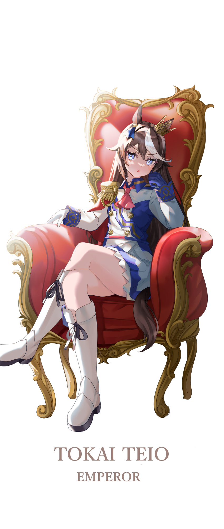 1girl absurdres animal_ears armchair ascot asymmetrical_gloves backlighting bangs blue_eyes blue_gloves boots brown_hair buttons capelet chair character_name collared_jacket crossed_arms double-breasted english_text epaulettes full_body gloves highres horse_ears horse_girl horse_tail long_hair long_sleeves mismatched_gloves multicolored_hair open_mouth pink_ascot shiromoca simple_background single_epaulette sitting skirt solo streaked_hair tail thighs tokai_teio_(umamusume) umamusume v-shaped_eyebrows white_background white_footwear white_gloves white_skirt