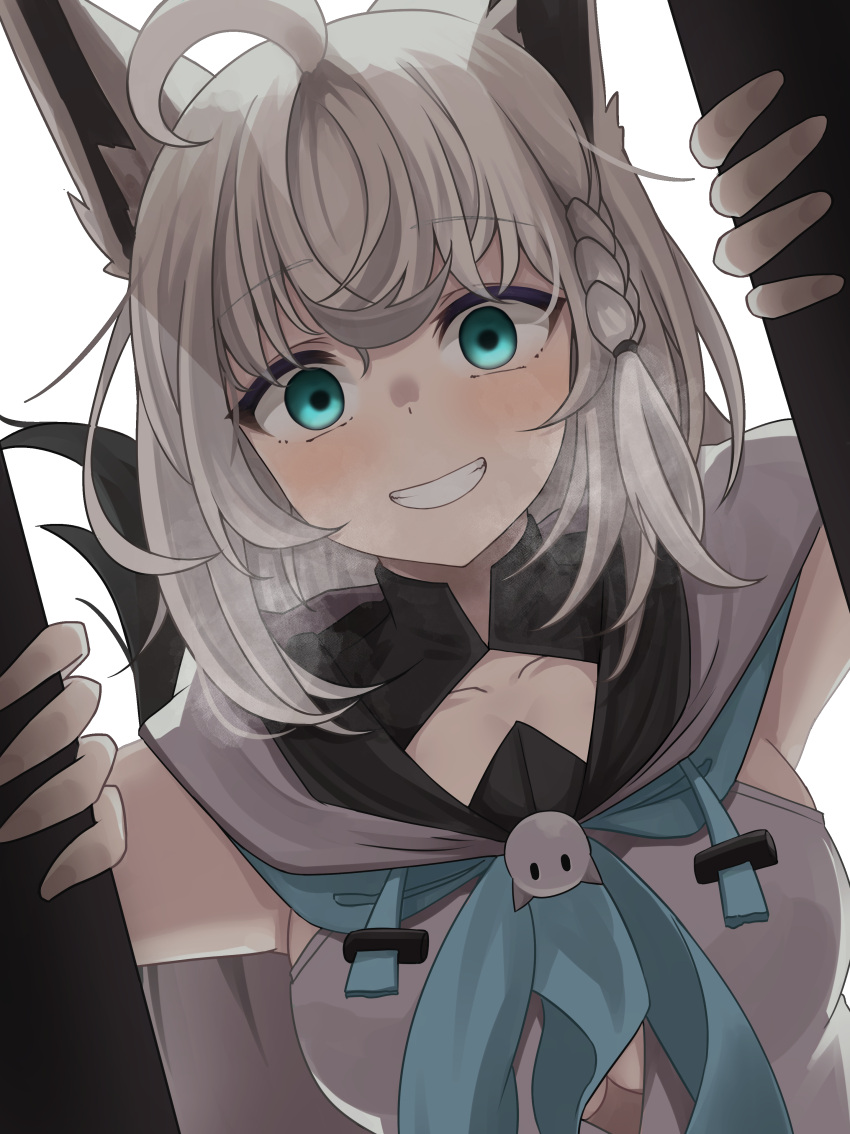 1girl absurdres ahoge animal_ears braid breasts cleavage_cutout clothing_cutout commentary fox_ears fox_tail green_eyes grey_hair grin highres hololive medium_breasts micon opening_door shirakami_fubuki smile tail under_boob virtual_youtuber white_background