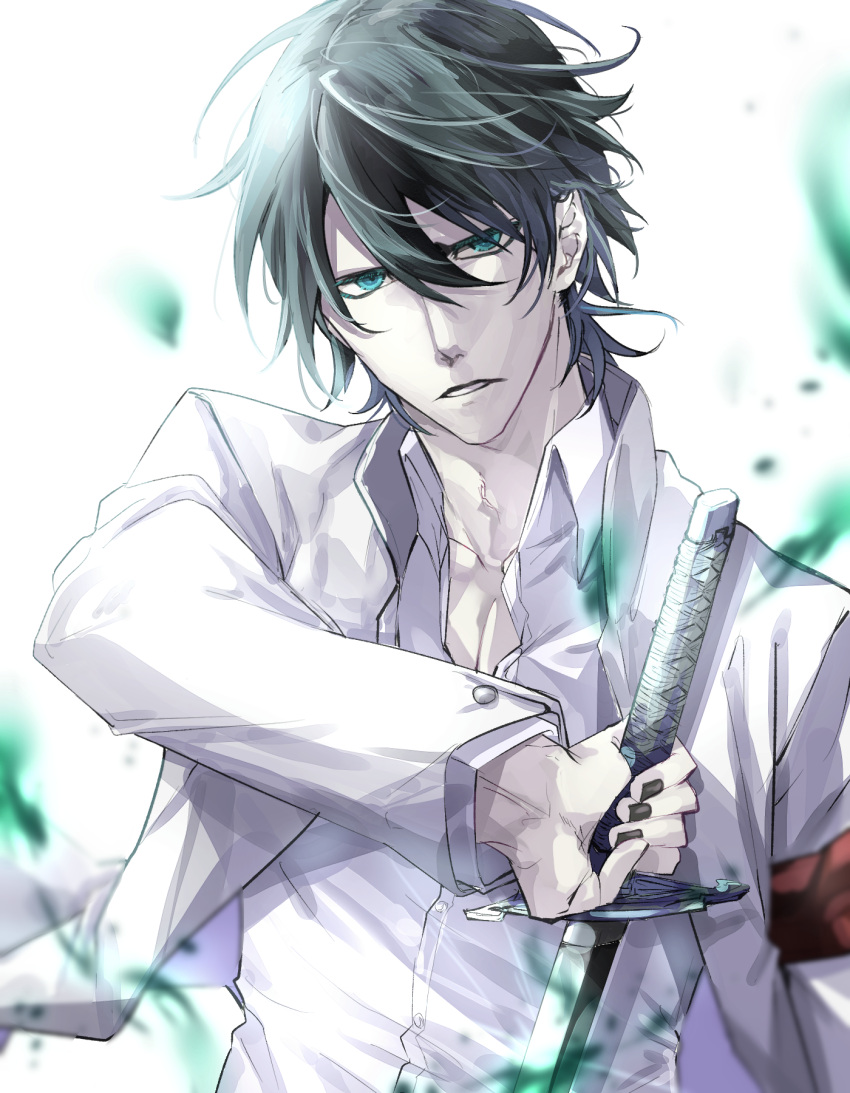 1boy armband bangs black_hair black_nails bleach blue_eyes collarbone collared_shirt dress_shirt hair_between_eyes highres hishui_prpr holding holding_sword holding_weapon jacket looking_at_viewer male_focus nail_polish open_clothes open_jacket open_mouth shirt short_hair solo sword ulquiorra_cifer weapon white_jacket white_shirt wing_collar