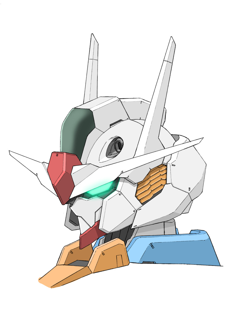 absurdres antennae aron_e commentary glowing glowing_eyes green_eyes gundam gundam_aerial gundam_suisei_no_majo head_only highres horns mecha mobile_suit no_humans portrait robot science_fiction solo v-fin white_background