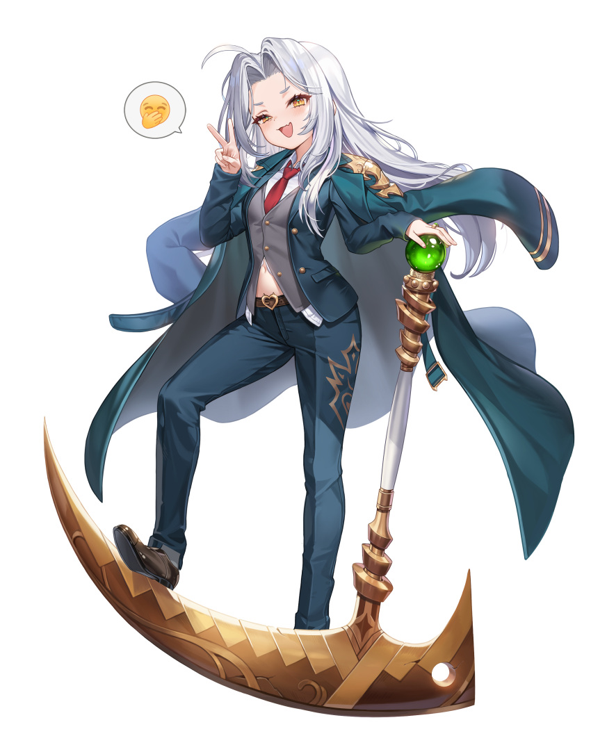 1girl absurdres ahoge artist_request bad_link blue_pants blush emoji full_body game_cg genderswap genderswap_(mtf) god_of_harvest_kamael grey_hair guardian_tales highres holding holding_weapon jacket jacket_on_shoulders long_hair looking_at_viewer navel necktie official_art pants smirk solo source_request speech_bubble uniform weapon yellow_eyes