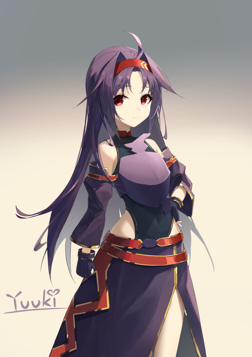 1girl absurdres ahoge armor bangs black_gloves breastplate character_name detached_sleeves fingerless_gloves gloves gradient gradient_background hairband hand_on_hip highres long_hair long_skirt looking_at_viewer parted_bangs purple_hair purple_skirt purple_sleeves red_eyes red_hairband skirt solo sword_art_online yuuki_(sao) yuuki_(yuuki08435994)