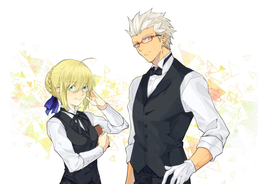 1boy 1girl adjusting_eyewear ahoge archer_(fate) artoria_pendragon_(fate) bangs black_bow black_bowtie black_vest blonde_hair blue_ribbon bow bowtie braid braided_bun closed_mouth collared_shirt dress_shirt fate/stay_night fate_(series) gloves green_eyes hair_between_eyes hair_bun hair_ribbon hand_on_hip highres long_sleeves looking_at_viewer red-framed_eyewear ribbon saber shirt short_hair smile spiky_hair standing vest vvv1356_ygo white_background white_gloves white_hair white_shirt wing_collar