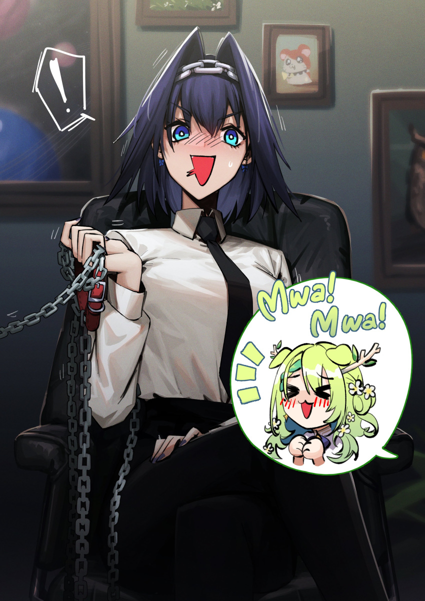 &gt;o&lt; 1girl :d absurdres adarin animal_ears black_hair blue_eyes blue_nails blush breasts ceres_fauna chain chair collar crossed_legs dog_ears earrings formal green_hair hairband hamtaro hamtaro_(series) highres hololive hololive_english horns jewelry leash looking_at_viewer medium_hair necktie ouro_kronii plant potted_plant sitting smile solo suit virtual_youtuber