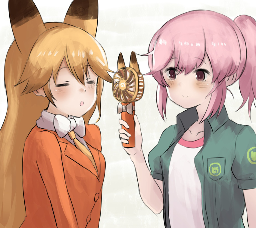 2girls animal_ears blush bow bowtie brown_hair closed_eyes electric_fan extra_ears ezo_red_fox_(kemono_friends) fox_ears fox_girl gaga_(gamerakero) green_jacket highres jacket japari_symbol kemono_friends long_hair long_sleeves multicolored_hair multiple_girls nana_(kemono_friends) necktie open_clothes open_jacket orange_hair orange_jacket orange_necktie pink_eyes pink_hair shirt short_hair short_sleeves side_ponytail white_bow white_bowtie white_shirt