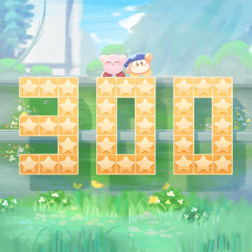 bandana_waddle_dee block closed_eyes day flower grass grasslands grkkdrm highres kirby kirby_(series) kirby_and_the_forgotten_land looking_at_viewer open_mouth outdoors outstretched_arms salute sky sparkle spread_arms star_(symbol) sunlight tongue tree waddle_dee