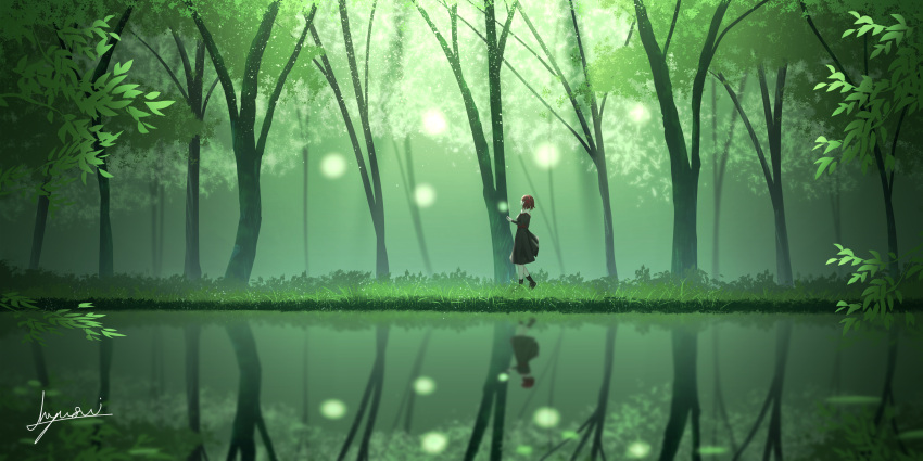 1girl absurdres artist_name dress fantasy forest grass h_yuusui headband highres lake long_dress looking_to_the_side nature original outdoors redhead reflection reflective_water scenery shoes short_hair signature socks solo sparkle tree water