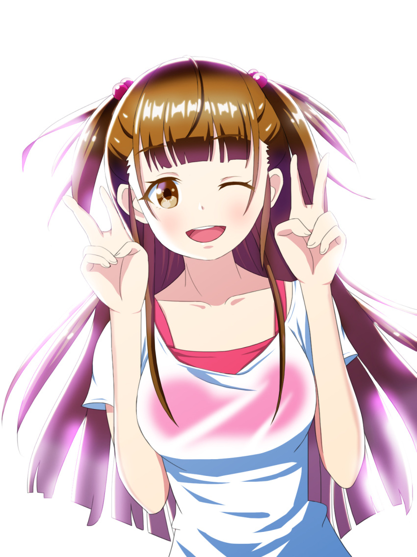 1girl ;d aimerluna bangs brown_eyes brown_hair double_v hair_bobbles hair_ornament hands_up highres long_hair looking_at_viewer making-of_available one_eye_closed pose see-through shine_post shirt short_sleeves simple_background smile solo tamaki_kyouka upper_body v white_background white_shirt