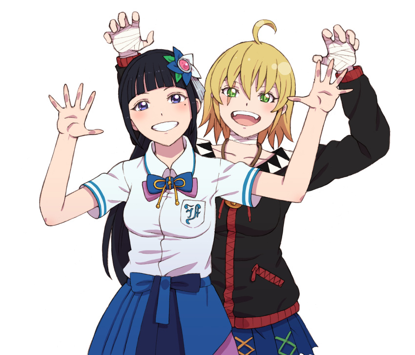 2girls ahoge aoi_ch. bandaged_hand bandaged_neck bandages bangs black_hair black_hoodie blonde_hair blue_bow blue_bowtie blue_skirt blunt_bangs bow bowtie breast_pocket breasts cafe_no_zombi-ko claw_pose collared_shirt commentary_request cowboy_shot fuji_aoi green_eyes grin hair_between_eyes highres hood hood_down hoodie long_hair looking_at_viewer medium_breasts miniskirt mole mole_under_eye multiple_girls open_mouth pleated_skirt pocket project_upd8 scar scar_across_eye shirt short_hair simple_background skirt smile tanuki_koubou violet_eyes virtual_youtuber white_background white_shirt