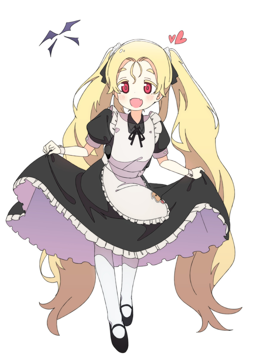 1girl :d absurdres apron bangs black_dress black_footwear black_ribbon blonde_hair blush collared_dress colored_eyelashes commentary_request dress fangs frilled_apron frilled_dress frills full_body heart highres korean_commentary long_hair looking_at_viewer luke_(dydansgur) neck_ribbon original pantyhose parted_bangs puffy_short_sleeves puffy_sleeves red_eyes ribbon shoes short_eyebrows short_sleeves simple_background smile solo standing thick_eyebrows twintails very_long_hair white_apron white_background wrist_cuffs