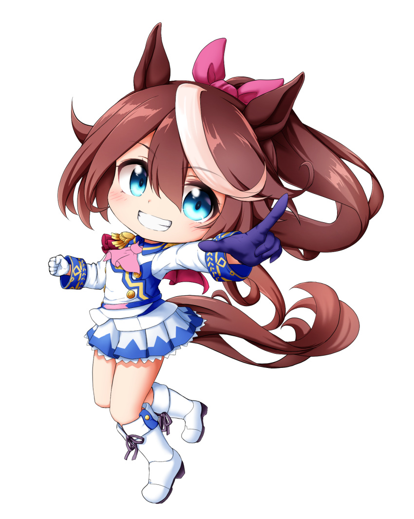 1girl animal_ears ascot asymmetrical_gloves bangs blue_eyes blue_gloves blush boots brown_hair full_body gloves grin hair_between_eyes hair_ribbon highres horse_ears horse_girl horse_tail jacket knee_boots kuena long_hair mismatched_gloves multicolored_hair outstretched_arm pink_ascot pink_ribbon pointing ponytail ribbon smile solo streaked_hair tail tokai_teio_(umamusume) umamusume very_long_hair white_footwear white_gloves white_hair white_jacket