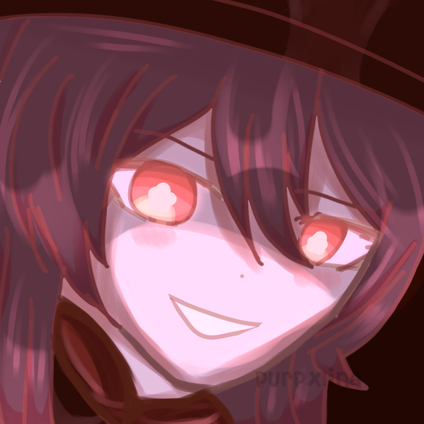 1girl bangs blush brown_hair commentary_request female female_only flower-shaped_pupils genshin_impact hat headshot highres hu_tao_(genshin_impact) pale_skin purpxlina red_eyes simple_background smile smiling solo solo_focus symbol-shaped_pupils watermark yellow_eyes
