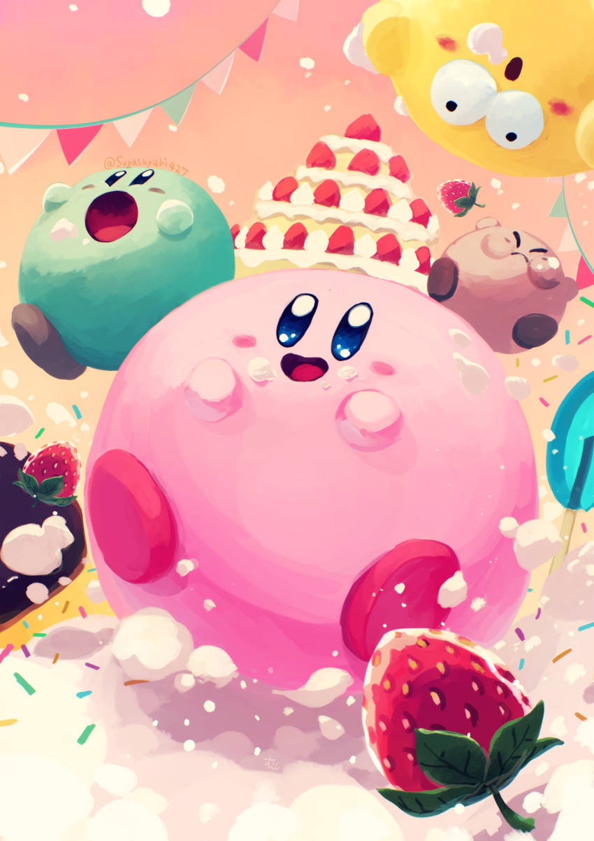 ball blush cake candy closed_eyes copy_ability cream cream_on_face eating flag food food_on_face fruit happy highres kirby kirby's_dream_buffet kirby_(series) lollipop nintendo open_mouth sparkle strawberry suyasuyabi tongue whipped_cream