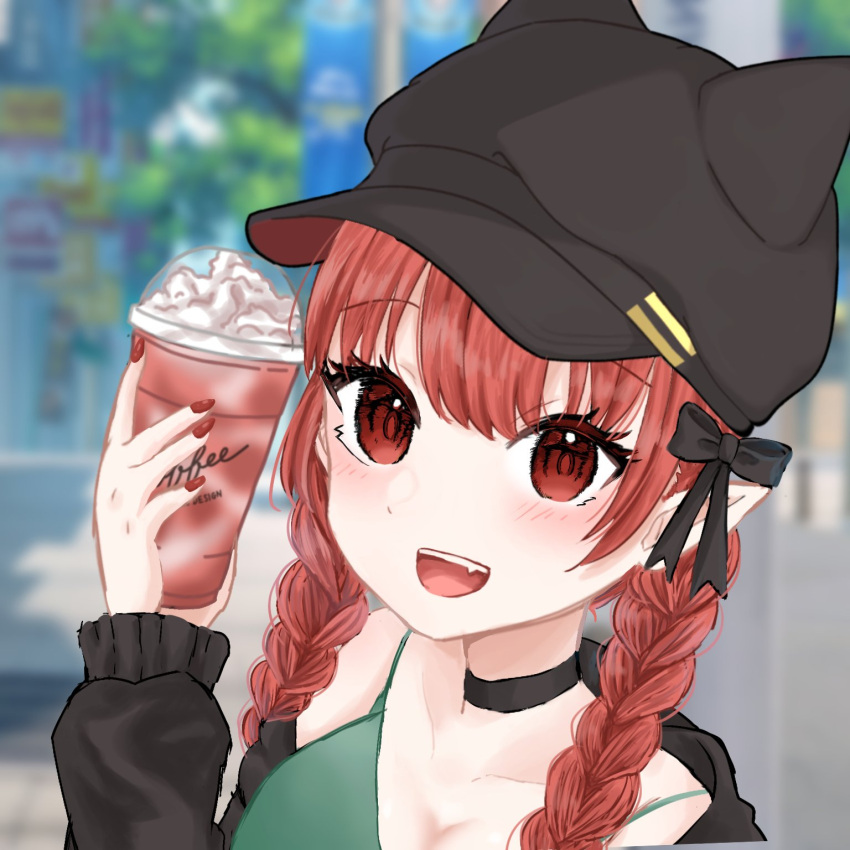 1girl :d alternate_costume ao_orin_ringo blurry blurry_background blurry_foreground braid choker cup day depth_of_field hat highres holding holding_cup kaenbyou_rin looking_at_viewer nail_polish open_mouth outdoors pointy_ears red_nails redhead smile solo teeth touhou twin_braids upper_teeth