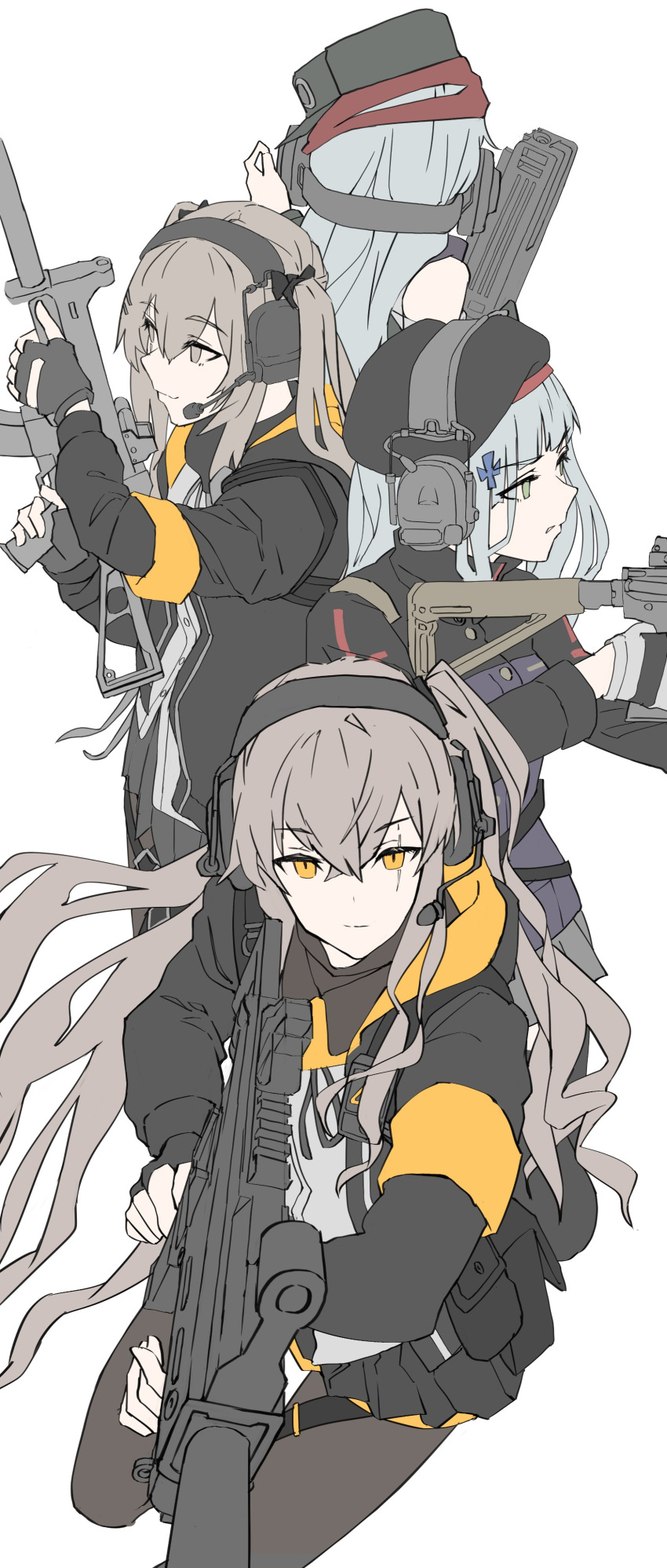 404_(girls'_frontline) 4girls absurdres assault_rifle bangs bare_shoulders beret blunt_bangs brown_hair closed_mouth commentary_request feet_out_of_frame fingerless_gloves fujita_(condor) g11_(girls'_frontline) girls_frontline gloves green_eyes grey_eyes grey_hair gun h&amp;k_g11 h&amp;k_hk416 h&amp;k_ump45 hair_between_eyes hair_ornament hair_ribbon hairclip hat headset highres hk416_(girls'_frontline) holding jacket long_hair looking_at_viewer multiple_girls one_side_up orange_eyes pantyhose pleated_skirt ribbon rifle scar scar_across_eye scar_on_face serious shirt simple_background sketch skirt smile twintails ump45_(girls'_frontline) ump9_(girls'_frontline) weapon white_background white_shirt