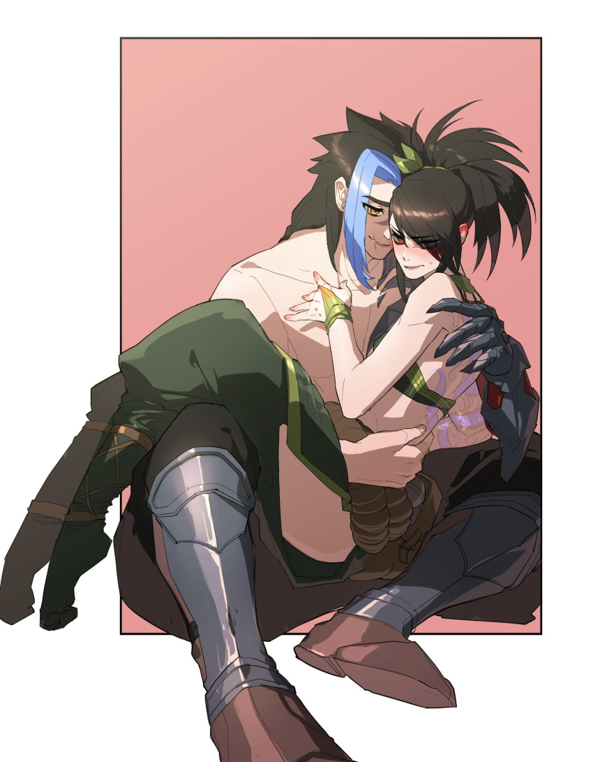 akali arms_behind_back blue_hair blush clothed_female_nude_male ddlggoddadda foot_out_of_frame highres kayn_(league_of_legends) league_of_legends nude pectorals pink_background ponytail red_eyes tattoo yellow_eyes