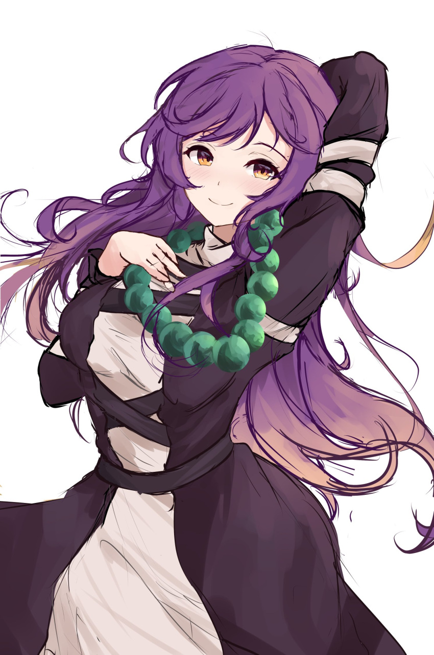 1girl arm_up bangs beads black_dress brown_eyes brown_hair closed_mouth cross-laced_clothes dress gradient_hair highres hijiri_byakuren layered_dress long_hair long_sleeves looking_at_viewer multicolored_hair orchid_(orukido) prayer_beads purple_hair simple_background smile solo standing touhou white_background white_dress