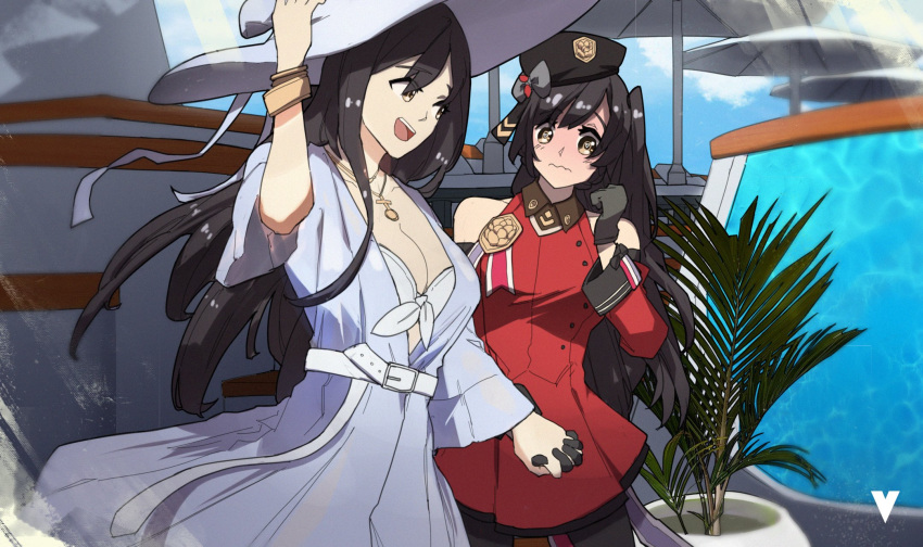 2girls adjusting_clothes adjusting_headwear arm_up bangs bare_shoulders beret black_gloves black_hair black_headwear blush breasts brown_eyes closed_mouth day detached_sleeves dress english_commentary girls_frontline gloves hair_between_eyes hair_ornament hat highres holding_hands lewis_(girls'_frontline) long_hair looking_at_another multiple_girls open_mouth outdoors red_dress sidelocks smile teeth umbrella upper_teeth variasii white_headwear