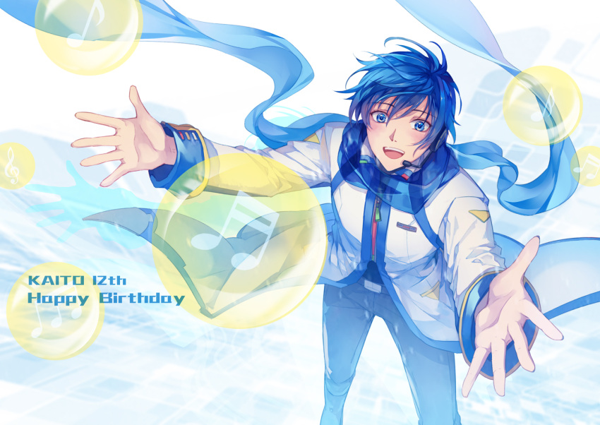 1boy :d bangs blue_eyes blue_hair blue_scarf character_name coat feng_you from_above grey_pants hair_between_eyes happy_birthday headset kaito_(vocaloid) long_sleeves male_focus microphone open_mouth pants scarf short_hair smile solo vocaloid white_coat