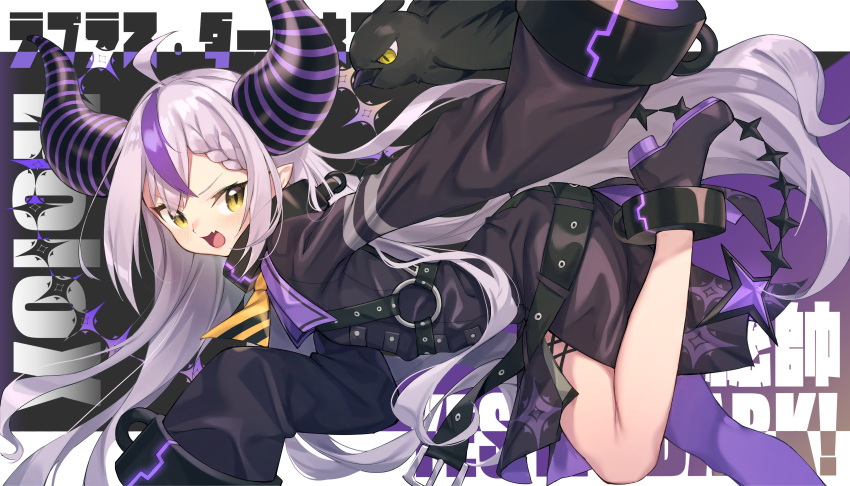 1girl absurdres ahoge arm_behind_back asymmetrical_legwear background_text bangs belt bent_over bird black_footwear braid crow fang gloves grey_hair hair_between_eyes hair_bun highres hololive horns jacket la+_darknesss leaning_forward leg_up long_hair long_sleeves looking_at_viewer multicolored_hair open_mouth outstretched_arm purple_hair shennai_misha skin_fang sleeves_past_fingers sleeves_past_wrists smile solo star_(symbol) streaked_hair striped_horns two-tone_hair very_long_hair virtual_youtuber yellow_eyes