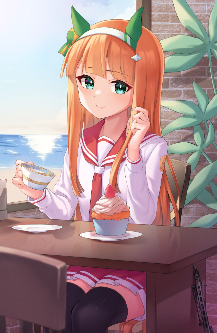 1girl absurdres animal_ears bangs blue_eyes blunt_bangs blush chair commission cup cupcake ear_covers food gun hairband highres holding holding_cup horse_ears horse_tail indoors long_hair long_sleeves neckerchief ocean on_chair orange_hair pizza_(pizzania_company) plant plate school_uniform serafuku silence_suzuka_(umamusume) skeb_commission smile solo tail teacup thigh-highs umamusume very_long_hair weapon window