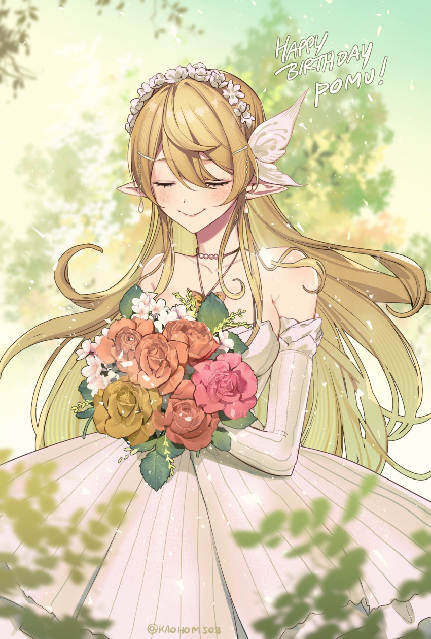 1girl alternate_costume blonde_hair bouquet butterfly_hair_ornament butterfly_necklace closed_eyes closed_mouth dress earrings elbow_gloves flower gloves hair_ornament happy_birthday head_wreath highres holding holding_bouquet jewelry kaohom503 long_hair nature necklace nijisanji nijisanji_en off-shoulder_dress off_shoulder outdoors pointy_ears pomu_rainpuff smile solo tree twitter_username virtual_youtuber white_dress
