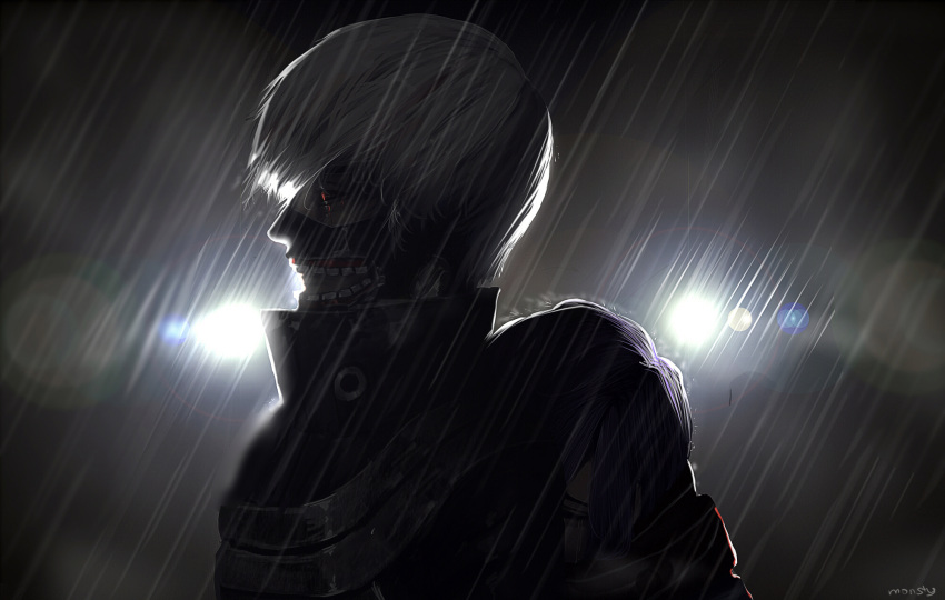 black_jacket black_sclera character_request closed_eyes colored_sclera commentary crying darkzmonsty english_commentary from_side high_collar highres jacket kaneki_ken lens_flare looking_away painttool_sai_(medium) purple_hair rain red_pupils signature tears tokyo_ghoul upper_body white_hair