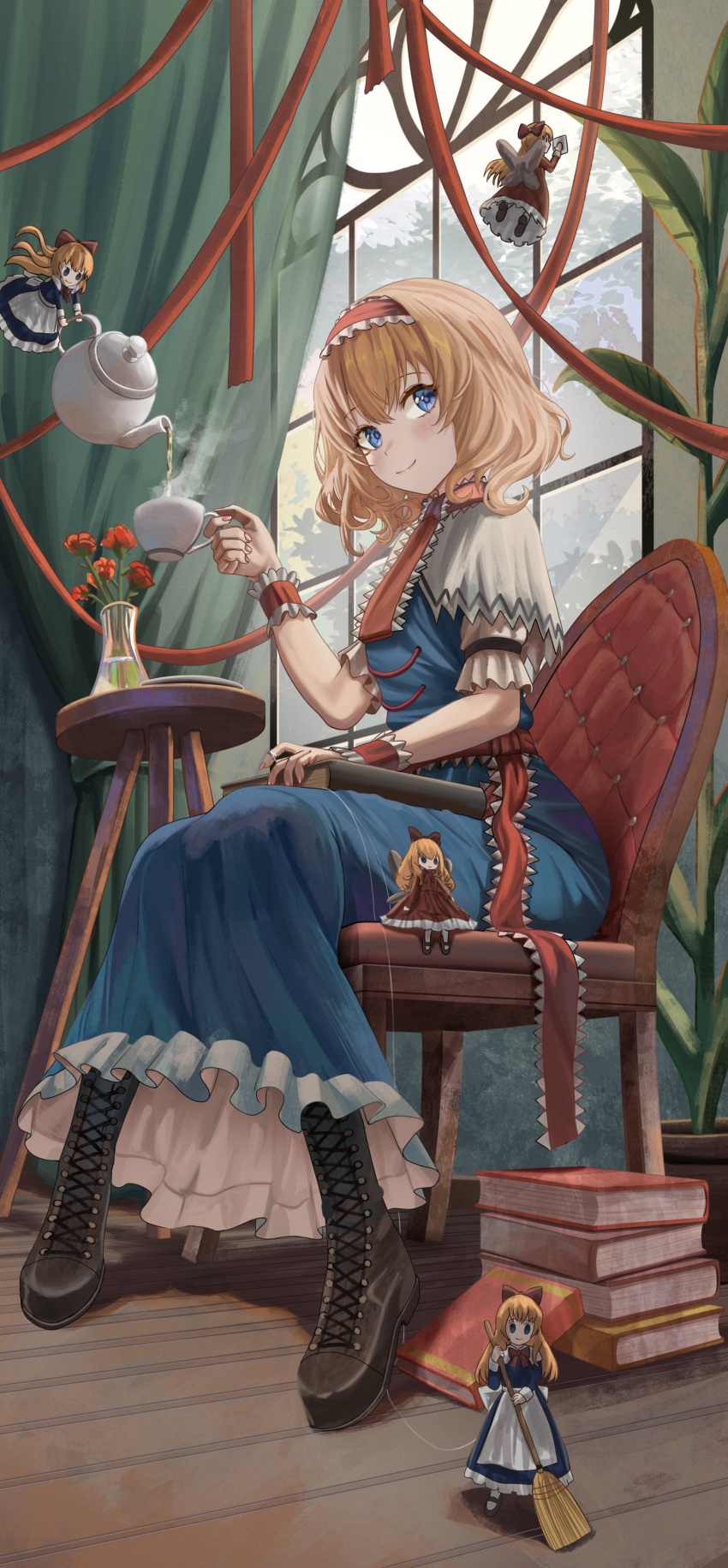 1girl absurdres alice_margatroid ascot blonde_hair blue_dress blue_eyes book book_stack boots broom brown_footwear capelet cross-laced_footwear cup curtains dress flower_pot frilled_ascot frilled_dress frilled_hairband frills grimoire_of_alice hairband highres hourai_doll lolita_hairband long_hair medium_hair plant puffy_short_sleeves puffy_sleeves red_ascot red_dress red_hairband shanghai_doll short_sleeves silvertsuki simple_background solo sweeping tea teacup teapot touhou white_background white_capelet wrist_cuffs