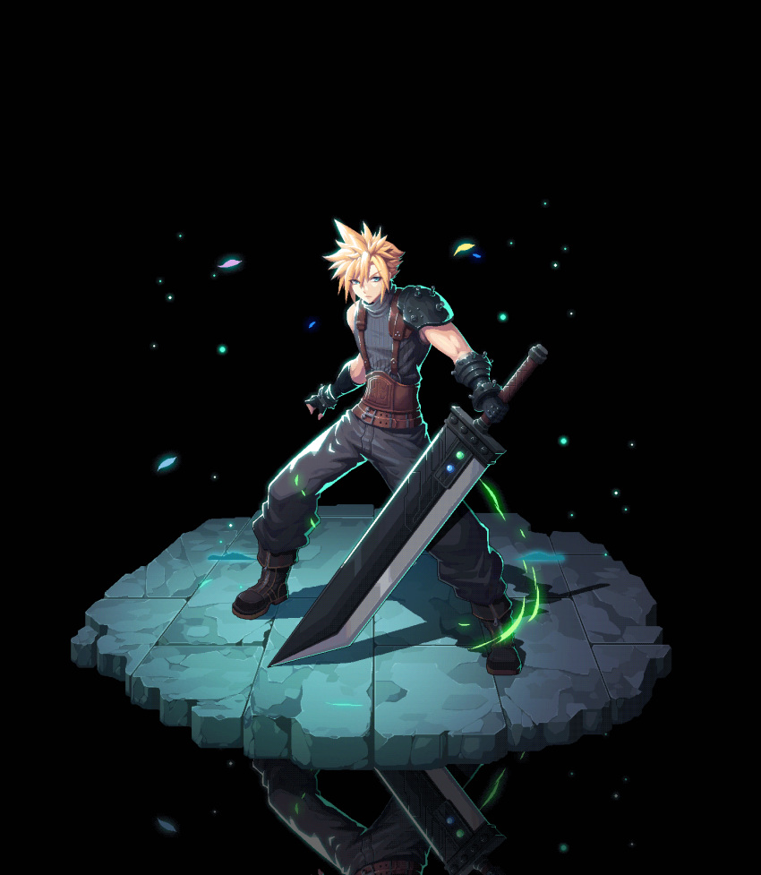 1boy animated animated_gif armor belt belt_buckle black_background black_footwear black_gloves black_pants black_shirt blonde_hair blue_eyes boots bracelet buckle buster_sword chinese_commentary cloud_strife commentary_request elbow_gloves final_fantasy final_fantasy_vii fingerless_gloves full_body gauntlets gloves goldendogaki greatsword highres holding holding_sword holding_weapon jewelry legs_apart looking_at_viewer looping_animation male_focus multiple_belts pants pauldrons pixel_art reflection serious shirt short_hair shoulder_armor simple_background single_bare_shoulder single_fingerless_glove single_gauntlet single_pauldron sleeveless sleeveless_turtleneck solo spiked_bracelet spikes spiky_hair standing sword toned toned_male turtleneck weapon