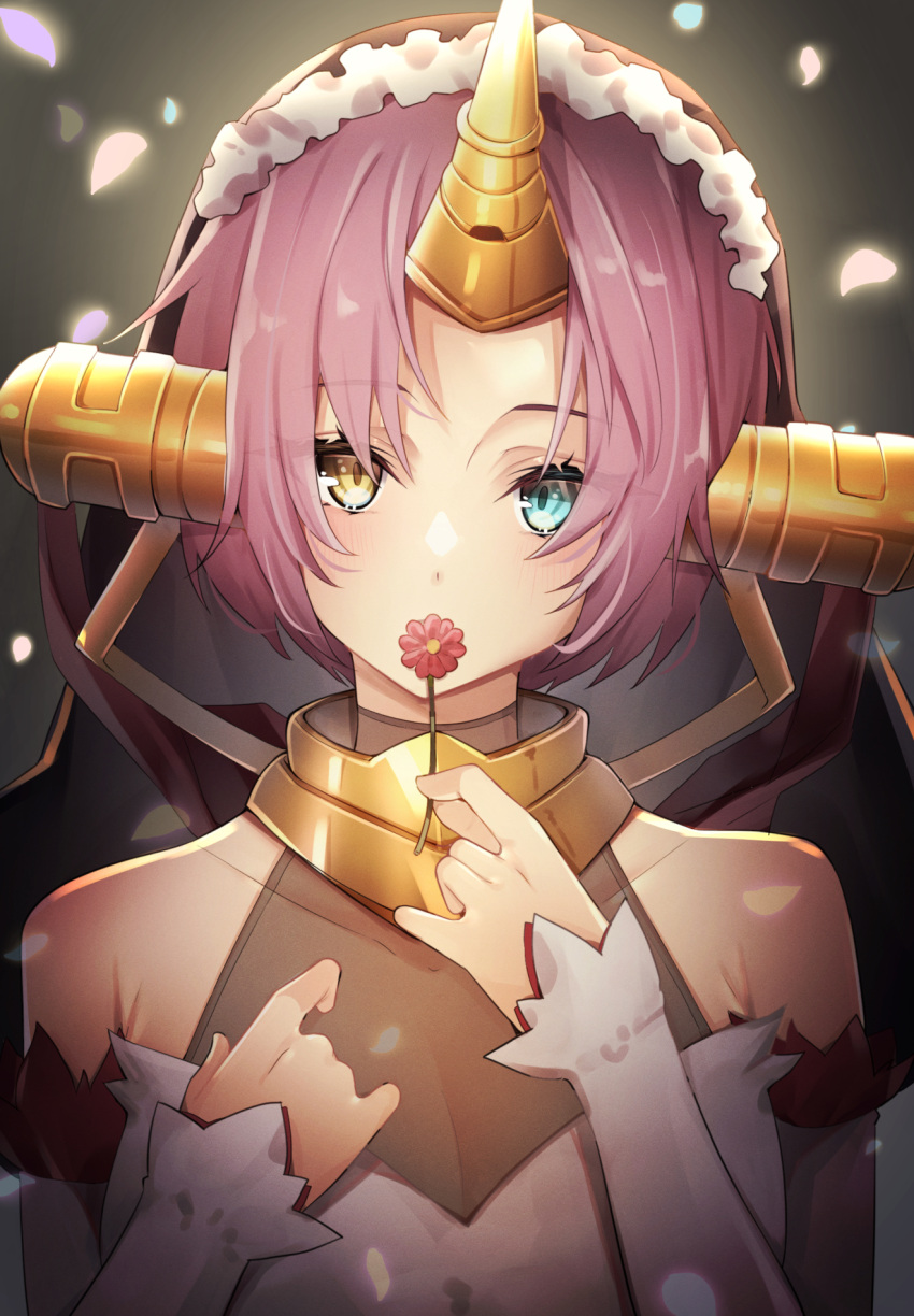 1girl bare_shoulders blue_eyes collarbone commentary_request fate/grand_order fate_(series) flower frankenstein's_monster_(fate) heterochromia highres holding holding_flower horns looking_at_viewer pink_hair short_hair single_horn skoll_world solo upper_body white_sleeves yellow_eyes