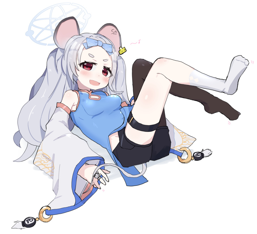 1girl animal_ears artist_request asymmetrical_legwear bag blue_archive blue_dress breasts china_dress chinese_clothes detached_sleeves dress ear_tag gun halo handbag handgun highres holstered_weapon large_ears medium_breasts mouse mouse_ears mouse_girl mouse_tail red_eyes saya_(blue_archive) socks solo tail thigh-highs uneven_legwear user_uvtr7835 weapon wide_sleeves