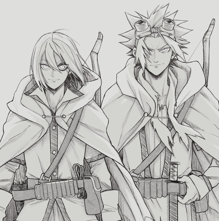 2boys absurdres akaboshi_bisco belt belt_pouch bow_(weapon) cloak florbetriz goggles goggles_on_head greyscale hair_between_eyes hand_on_belt highres hood hood_down looking_at_viewer male_focus monochrome multiple_boys nekoyanagi_milo pouch quiver sabikui_bisco spiky_hair standing weapon wind