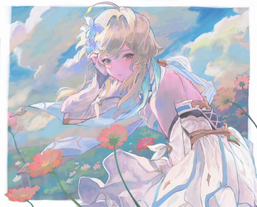 1girl ahoge bangs blonde_hair border breasts brown_eyes clouds commentary_request day detached_sleeves dress flower genshin_impact hair_flower hair_ornament hand_in_own_hair highres looking_at_viewer lumine_(genshin_impact) mumu_vosp orange_flower outdoors parted_lips short_hair_with_long_locks sky small_breasts solo upper_body white_border white_dress white_flower