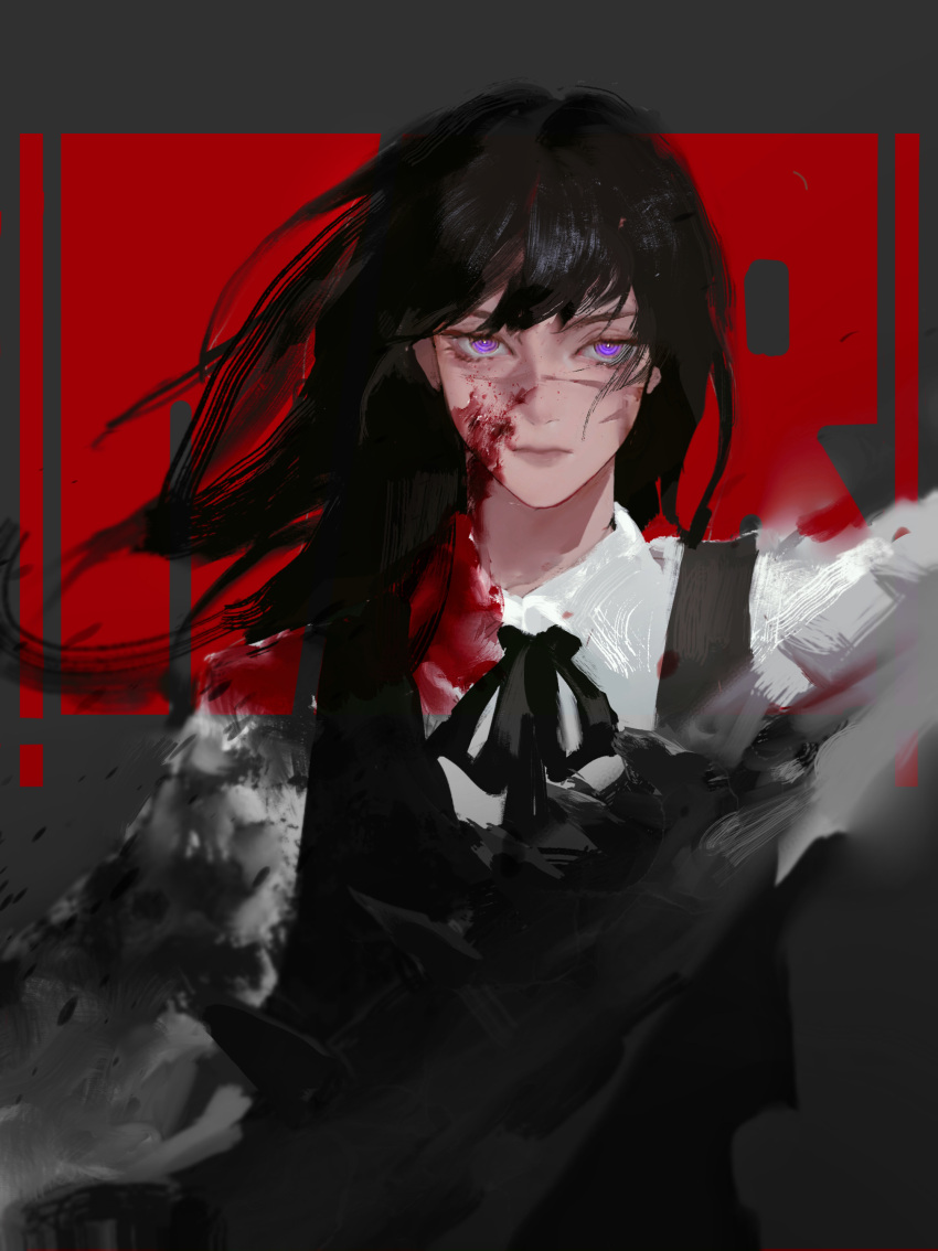 1girl absurdres bangs black_hair blood blood_on_clothes blood_on_face chainsaw_man chinese_commentary commentary_request grey_background highres long_hair looking_at_viewer mitaka_asa neck_ribbon painterly ribbon ringed_eyes scar scar_on_cheek scar_on_face shirt shizidezhuzi solo straight-on upper_body violet_eyes war_devil_(chainsaw_man) white_shirt