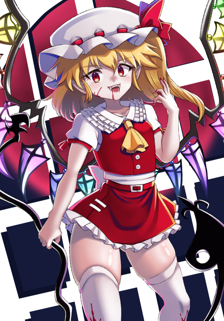 1girl ascot belt blonde_hair blood blood_on_clothes breasts commentary_request cowboy_shot crystal doku_yanagi fangs fingernails flandre_scarlet frilled_shirt_collar frilled_skirt frills hat hat_ribbon highres laevatein_(touhou) medium_hair miniskirt mob_cap one_side_up pointy_ears puffy_short_sleeves puffy_sleeves red_belt red_eyes red_nails red_ribbon red_skirt red_vest ribbon shirt short_sleeves side_ponytail skirt skirt_set small_breasts solo thigh-highs touhou vest white_headwear white_shirt white_thighhighs wings yellow_ascot