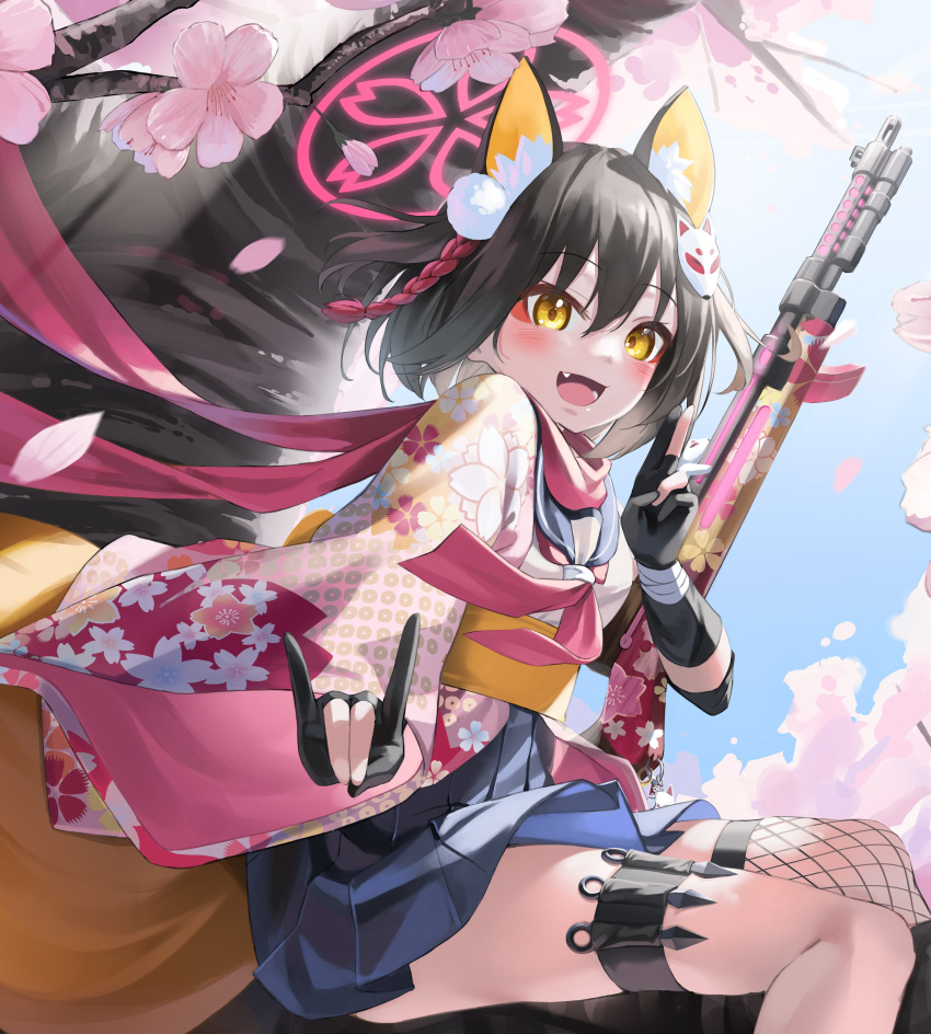 1girl absurdres animal_ears blue_archive braid brown_hair cherry_blossoms fishnet_legwear fishnets fox_ears fox_girl fox_hair_ornament fox_shadow_puppet fox_tail gloves gun halo highres in_tree izuna_(blue_archive) japanese_clothes kimyo kunai loafers md5_mismatch partially_fingerless_gloves pink_scarf scarf school_uniform serafuku shoes short_hair single_thighhigh sitting sitting_in_tree submachine_gun tail thigh-highs tree type_100 weapon white_serafuku yellow_eyes