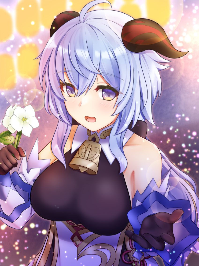 1girl ahoge bangs bare_shoulders bell black_gloves blue_hair blush breasts detached_sleeves flower ganyu_(genshin_impact) genshin_impact gloves highres holding holding_flower horns large_breasts long_hair looking_at_viewer neck_bell nyabe open_mouth qingxin_flower sidelocks smile solo upper_body violet_eyes white_flower white_sleeves