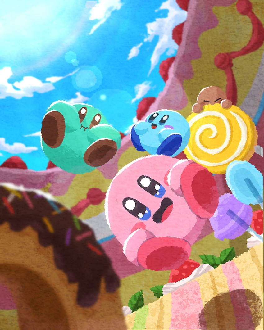 biting blush cake candy closed_eyes clouds cloudy_sky day desert doughnut eating flying food fruit happy highres kirby kirby's_dream_buffet kirby_(series) lollipop miclot open_mouth sky sparkling_eyes strawberry sun sunlight tongue