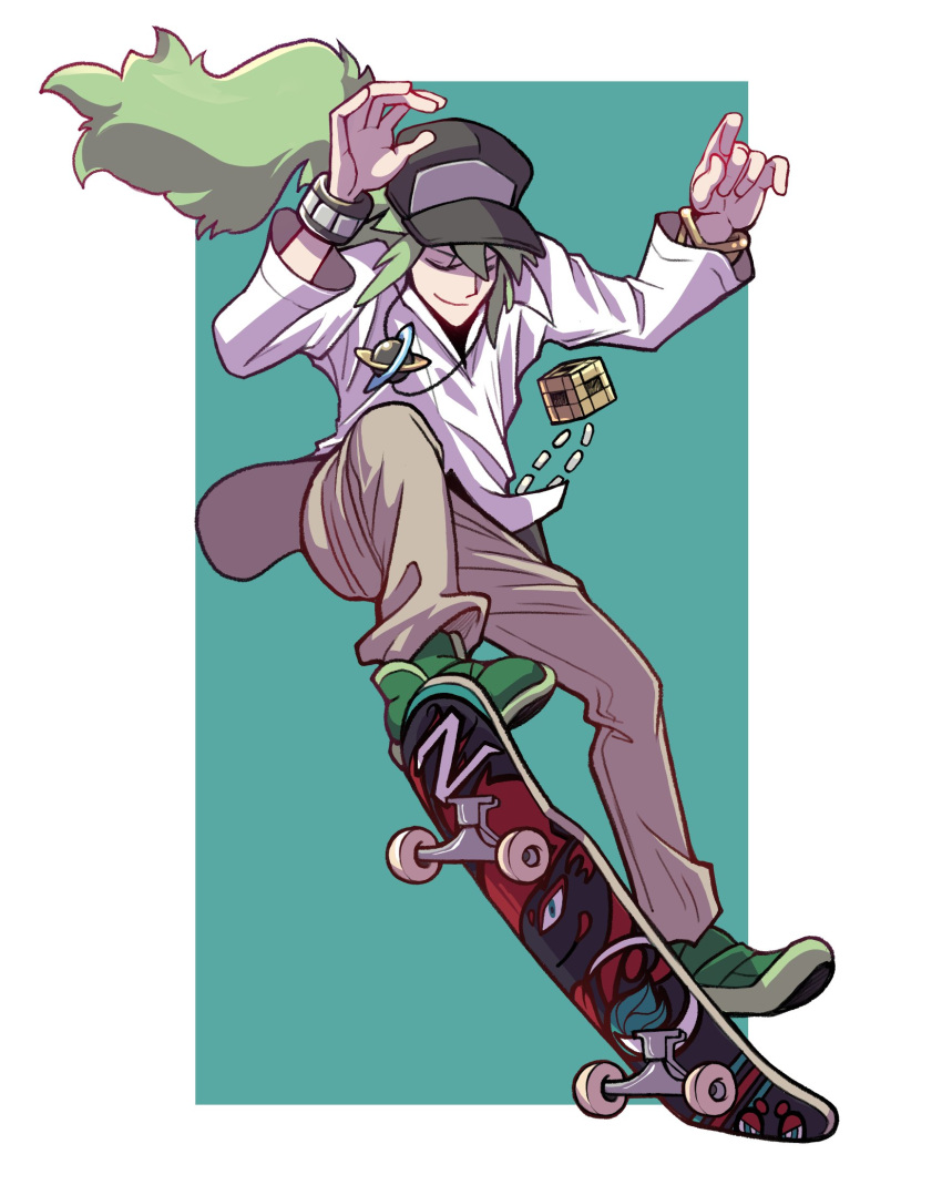 1boy arms_up bracelet character_print closed_eyes collared_jacket cube full_body green_footwear green_hair hat highres jewelry male_focus n_(pokemon) pokemon pokemon_(game) pokemon_bw rei_(esprei96) skateboard skateboarding smile solo zoroark zorua