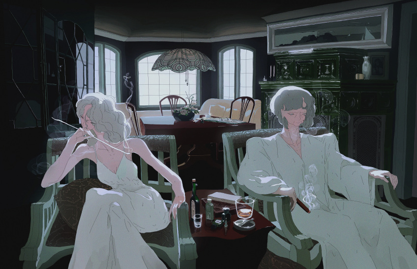 2girls absurdres antonio-reinhard chair cigar cup dress eyes_visible_through_hair grey_hair highres indoors long_sleeves multiple_girls old old_woman original shelf shoulder_pads sitting sleeveless smoke smoking table white_dress window