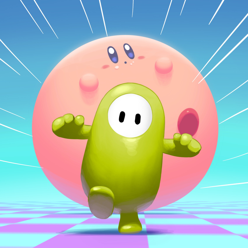 5health ball blue_background blush colored_skin fall_guy fall_guys floor food food_on_face green_skin highres kirby kirby's_dream_buffet kirby_(series) leg_up looking_at_viewer no_mouth no_pants no_shirt open_mouth outstretched_arms running simple_background spread_arms
