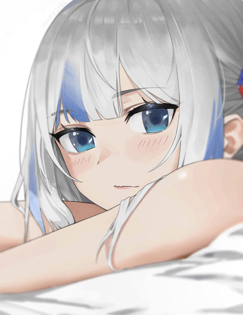 1girl absurdres bangs blue_eyes blue_hair blurry blurry_foreground blush closed_mouth commentary darkzmonsty depth_of_field gawr_gura grey_hair highres hololive hololive_english long_hair looking_at_viewer lying multicolored_hair on_stomach simple_background solo streaked_hair virtual_youtuber white_background